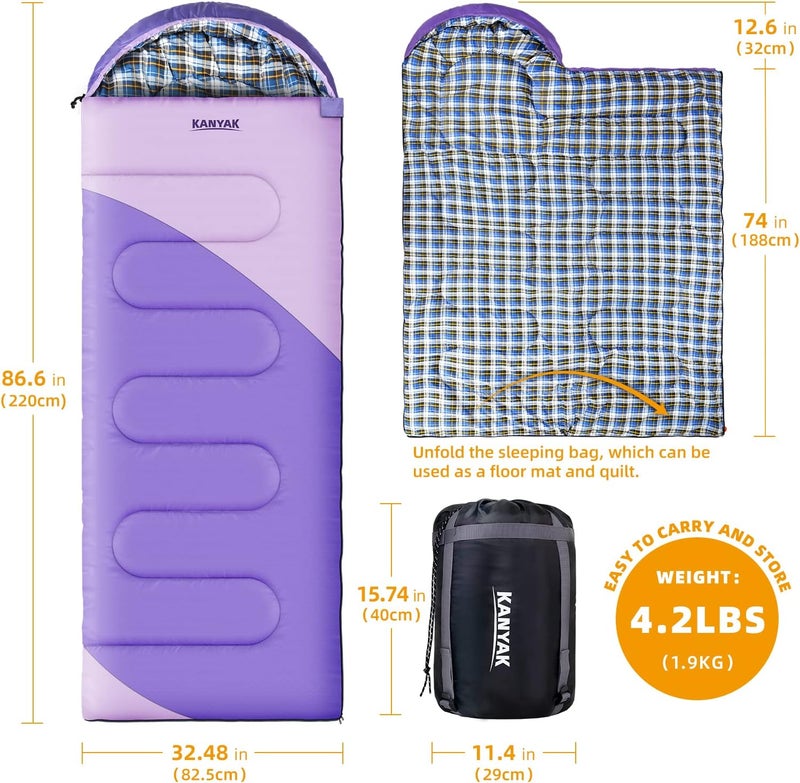 Kanyak Camping Sleeping Bag, 32℉ Sleeping Bags for Adults Kids Teens Cold Weather Warm Sleeping Bag Winter for 3-4 Season Camping, Camping Gear Equipment, Traveling, and Outdoors - Image 2